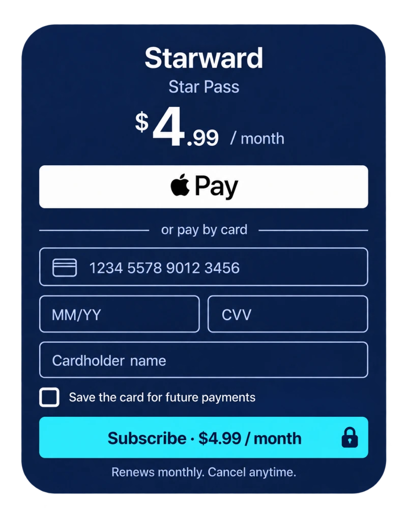 Starward Star Pass checkout with Apple Pay and card payment, $4.99 per month, without an email field