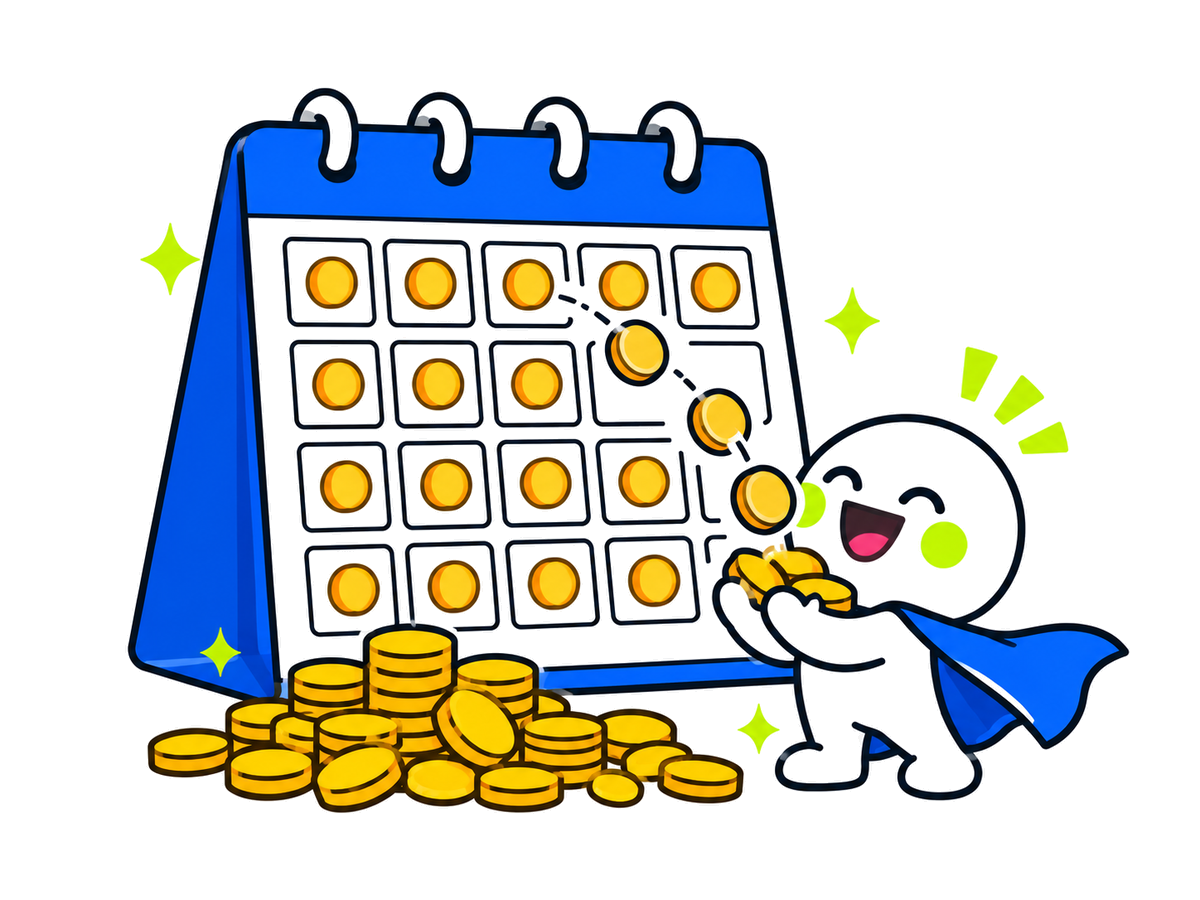 A calendar card dropping gold coins day by day while a character collects them: a monthly card