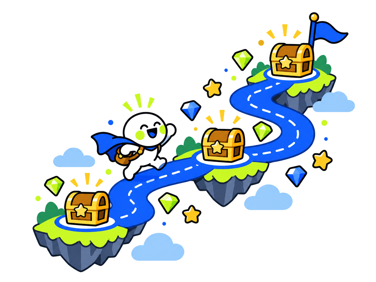 A winding reward track with milestone chests and gems, a hero climbing it: a season pass