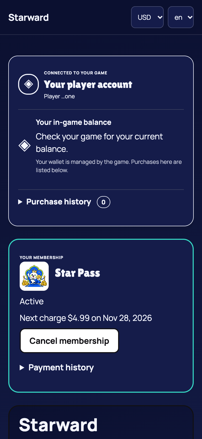 The player account card showing an active Star Pass, the next charge date and amount, and a Cancel membership button