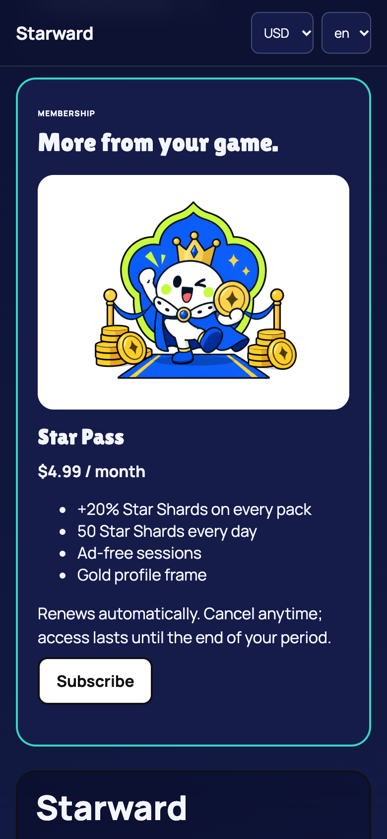 The Starward web store showing a Star Pass membership card with the monthly price, four benefits and a Subscribe button